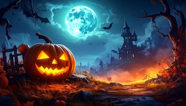 Spooky Halloween landscape at night, glowing jack-o'-lantern in focus, dark castle, full moon, bats flying, fog. Spooky, eerie, and atmospheric scene