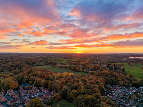 Sunset over St Marys Park estate in Hartley Wintney, Hampshire, UK.