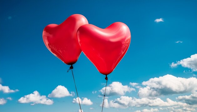 two red heart shaped balloons floating against a bright blue sky with some white clouds visible