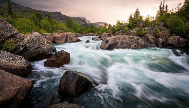 turbulent river with white water rapids flowing rapidly through a rocky landscape with dark rocks - Powered by Adobe