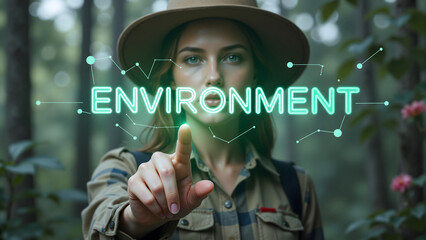 Young woman in forest interacting with virtual environment interface symbolizing sustainable eco innovation.