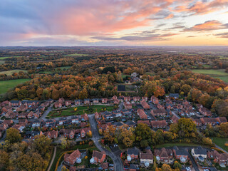 Sunset over St Marys Park estate in Hartley Wintney, Hampshire, UK.