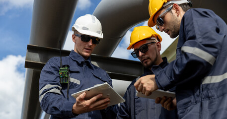 Engineer wearing safety gear using digital tablets at an industrial facility, discussing data and...