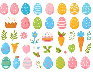 Colorful Easter-themed collection featuring decorated eggs, flowers, cake, and carrot illustrations