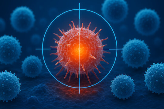 Virus cell under microscopic view with digital target crosshair, immune system detection and biological defense concept, glowing infection cell structure illustration for medical microbiology research