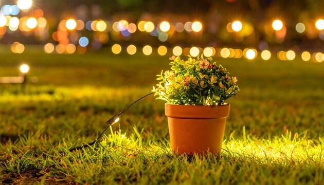 Small potted plant surrounded by bokeh lights on a grassy field at night creating warm glow