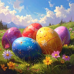 Colorful Easter eggs nestled in a lush, grassy field with wildflowers and blue sky