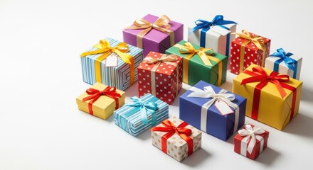 A colorful collection of wrapped presents on a white surface.