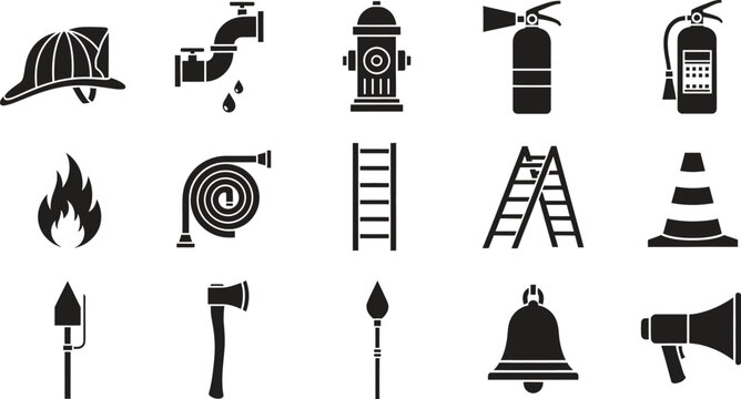 Firefighting equipment icons set in black and white vector illustration