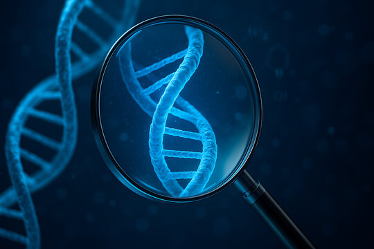 DNA double helix under magnifying glass, biotechnology research concept with glowing blue genetic strand, molecular structure analysis in laboratory, genome sequencing, scientific discovery and medica