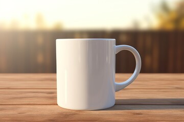 Obraz premium White Ceramic Mug on Rustic Wooden Table in Sunlight 