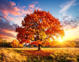 Stunning autumn landscape Vibrant tree stands majestically as sunset bathes the scene in golden light and colored clouds
