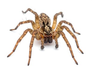 Close-up of a brown and tan wolf spider, its body and legs detailed on a white surface