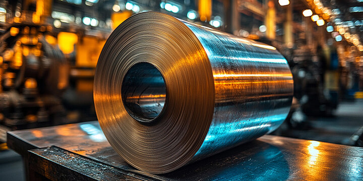 Close-up view of a shiny metallic roll in a factory setting Generative AI