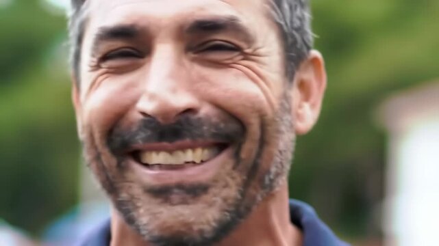 Man smiles happily outdoors with blurred background, usable for joy and well-being themes