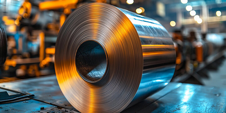 Close-up view of a metallic roll in a manufacturing facility Generative AI
