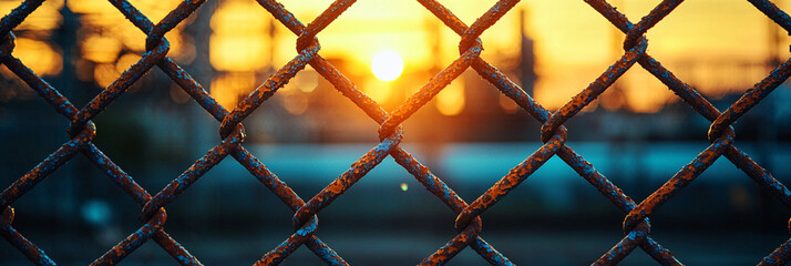 Close-up view of rusty chain-link fence at sunset Generative AI