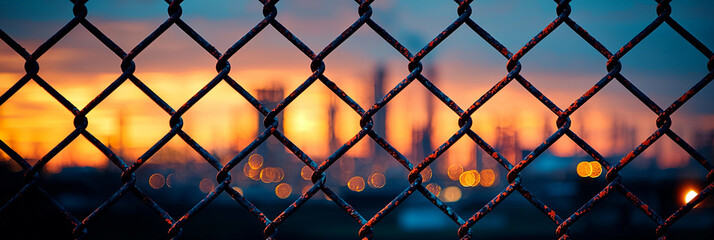 Rusty chain-link fence at sunset with city lights behind Generative AI