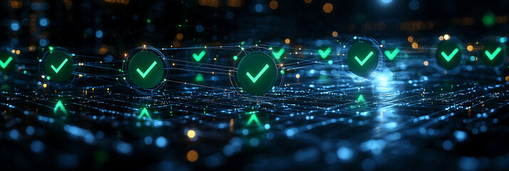Interconnected nodes with green checks in digital network Generative AI