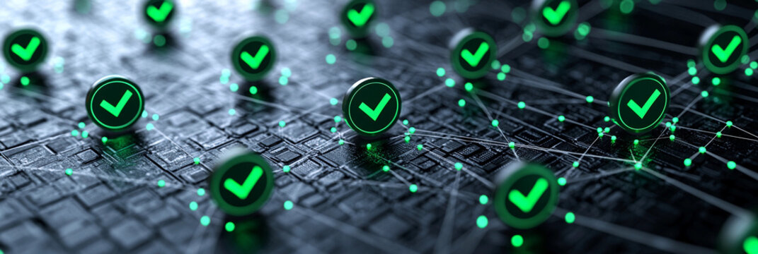 Interconnected nodes with check marks in a digital network Generative AI