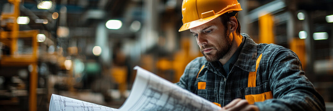 Construction worker studies blueprints at a worksite Generative AI