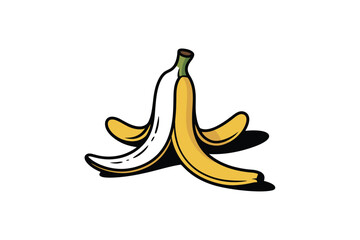 A peeled banana skin is shown against a white background