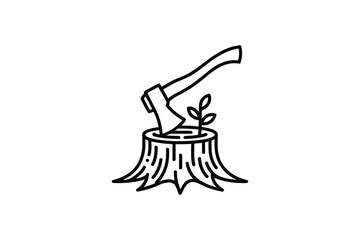 An axe embedded in a tree stump with a small plant growing from it.