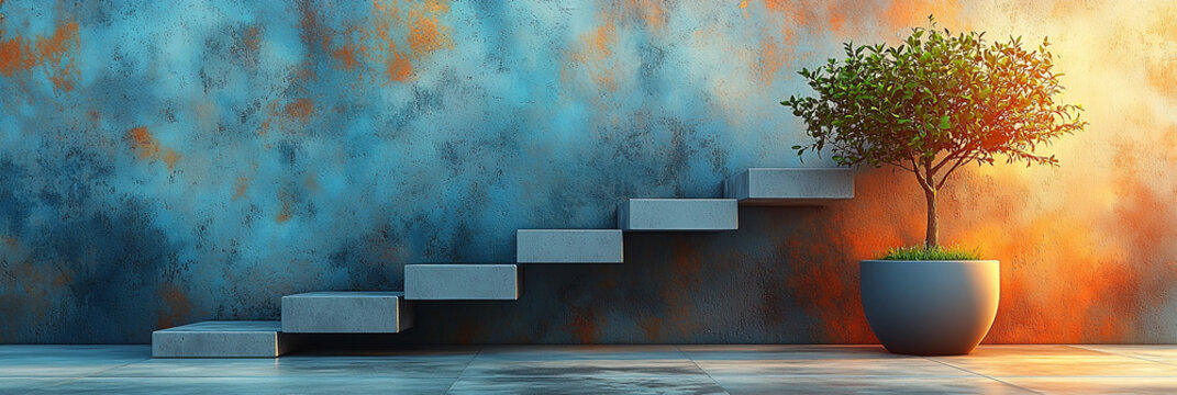 Miniature tree in modern pot next to concrete stairs Generative AI