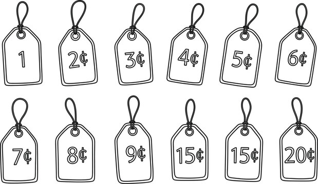 Price tags with various values illustration from one cent to twenty cents