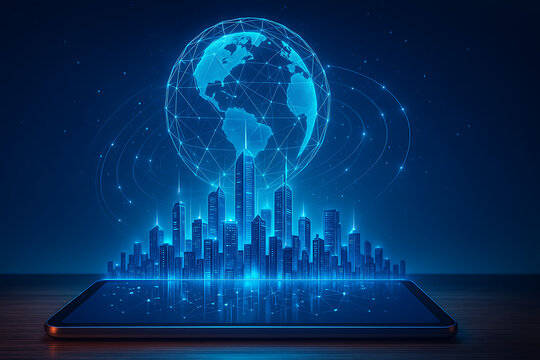 Futuristic digital city emerging from tablet device, glowing blue holographic skyline with connected global network, smart city innovation technology, artificial intelligence infrastructure, virtual w