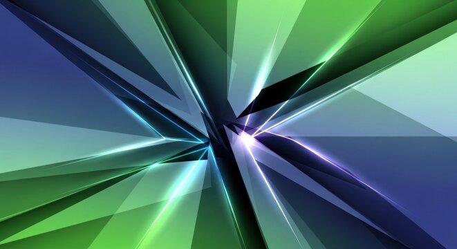 A vibrant green and blue abstract background with geometric shapes and glowing lights.