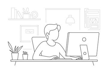 A person works at a computer on a desk with plants and books in a stylized illustration.