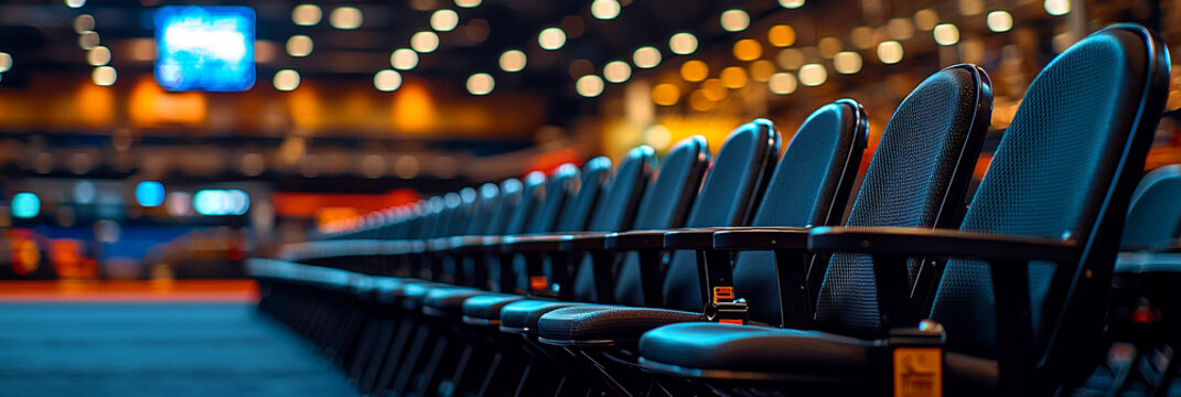 Row of empty black chairs in a sports venue awaiting fans Generative AI