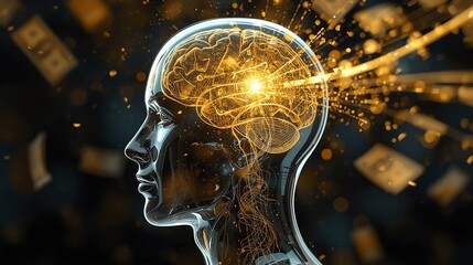 Futuristic glass brain illuminated by flowing money