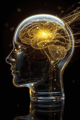 Golden energy currents inside a glass skull, innovation concept