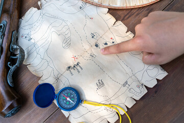 Pirate map for the quest.A treasure hunting game with a child.