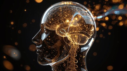 Glass head with golden cash flow in the brain