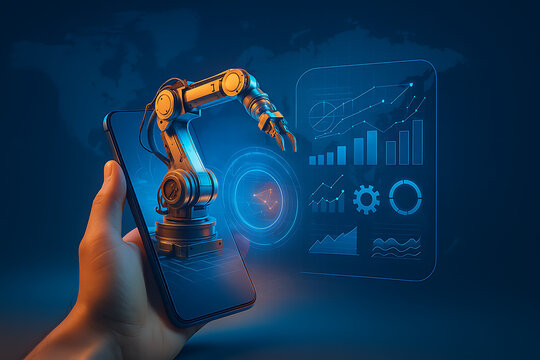 Hand holding smartphone projecting 3D robotic arm hologram, futuristic industrial automation concept with digital interface charts, AI powered technology innovation, smart manufacturing and engineerin