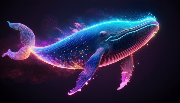 a glowing translucent fluorescent minimal outline of a whale dissolving and disappearing into particles