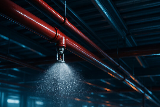 Fire sprinkler system spraying water from red industrial pipe, automatic fire suppression mechanism in warehouse ceiling, safety protection equipment concept for emergency prevention and building infr