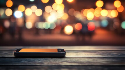 City nightlife with a smartphone on a wooden table