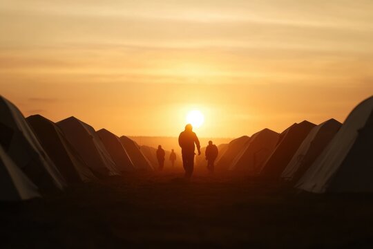 Golden Sunrise at Campsite: Silhouetted figures walk towards a radiant sunrise, framed by a line of tents, capturing the dawn of a new day and the promise of adventure. 