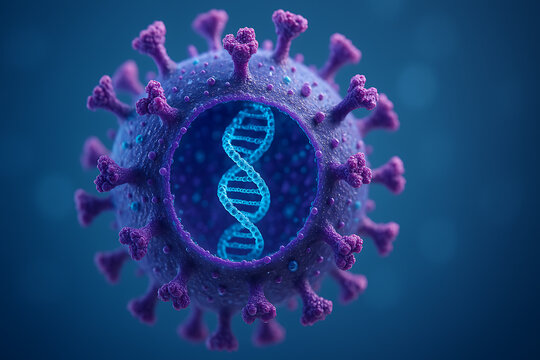 3D microscopic view of virus particle with DNA strand inside, detailed molecular structure illustration showing genetic code helix within viral core, microbiology pathogen visualization concept for in