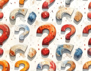 Colorful, artistic question marks, scattered randomly on a white speckled background, vibrant and creative