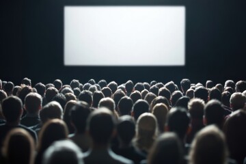 Obraz premium Lights, Camera, Audience: A captivating perspective of a packed theater, filled with an anticipating audience eagerly awaits the commencement of a cinematic spectacle on the grand screen.