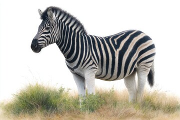 Fototapeta premium Zebra standing in dry grass against white background
