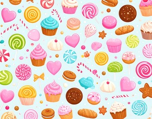 Colorful assortment of candies, cupcakes, lollipops, and cookies arranged on a blue background
