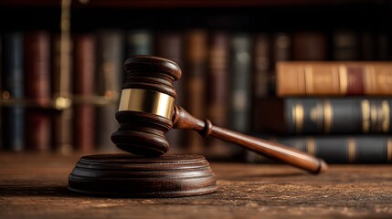 Wooden judge’s gavel on desk with law books in courtroom background
