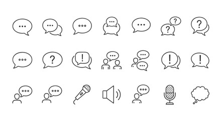 Collection of Talking and Dialogue Related Line Icons, Speech Bubble Outline Signs for Graphic and Web Design, Apps, Adverts, Various Cards, Vector Collection, Communication Symbols, Question Marks