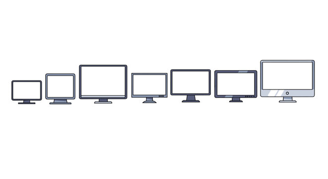 A clean vector cartoon illustration showcasing a line of seven computer monitors of varying sizes, all featuring blank white screens and isolated on a white background. This ordered set of monitors